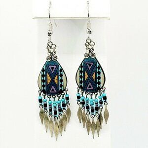 Artisan Made Native American Style Earrings Drop Dangle Silver Tone Blue 2.5"